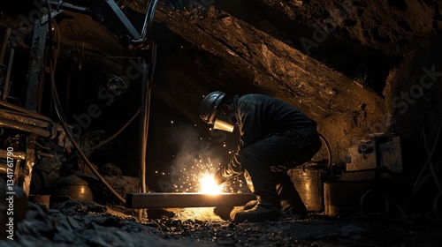 Focused metal worker welding beam in confined space with bright light sparks