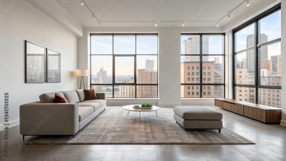 Fototapeta premium Modern living room with large windows showcasing city view, featuring comfortable sofa, coffee table, and stylish decor