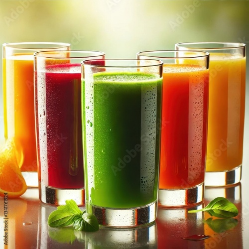 Four large transparent glass tumblers filled with different vibrant fresh juices. Each juice has a distinct, rich color deep orange, bright green, dark red