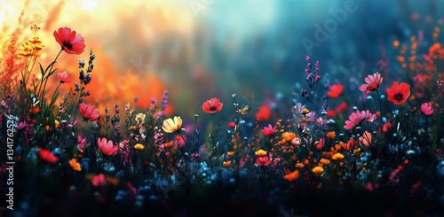 Colorful Wildflowers Blooming in a Vibrant Meadow During Sunset