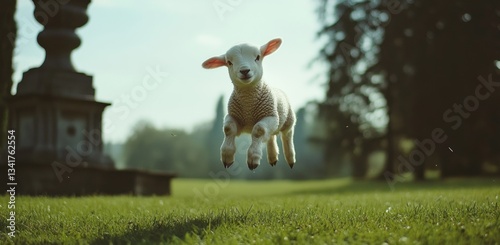 Lamb in mid-air jump, park setting