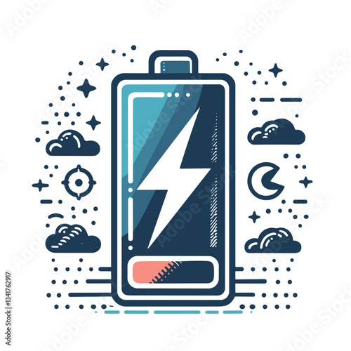 Battery icon with lightning bolt surrounded by clouds and stars, energetic mood, modern design, transparent background