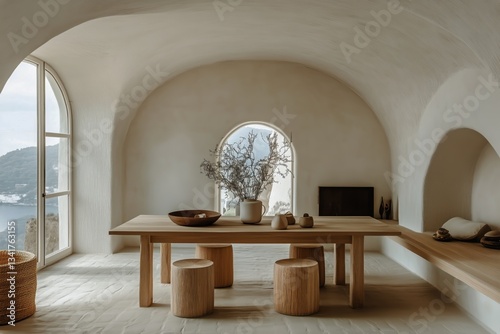 Modern Minimalist Dining Area Features Natural Wood and Simple Decor in a Ser...