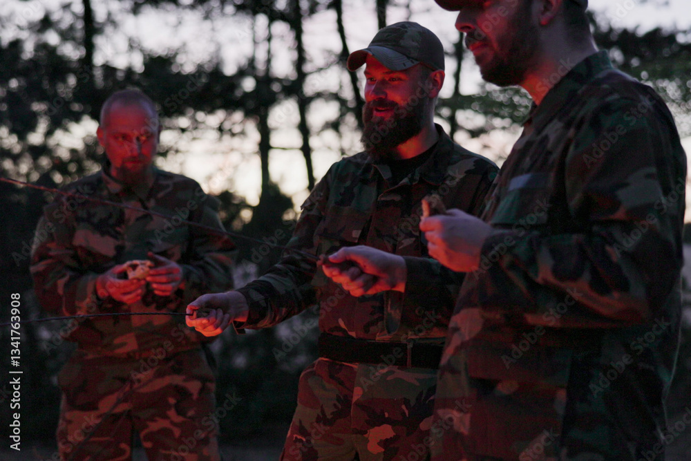 Fototapeta premium Four military men in full camouflage uniforms stand by a bonfire, talking, exchanging experiences, and unwinding after work and field exercises.
