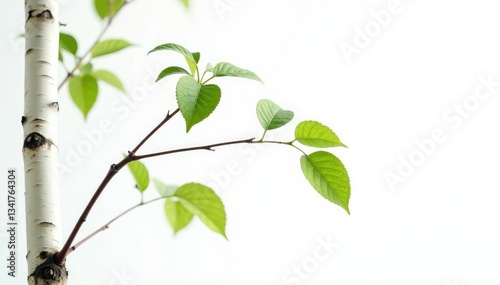 Single silver birch branch against white background, silver birch, foliage