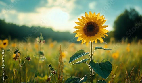 Sunflower Blooming in Golden Light at Dusk in a Vibrant Field