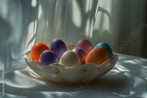 Colorful Decorative Eggs Arranged in a Woven Basket on a Soft Surface With Na...