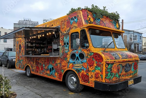 Colorful Taco Truck Adorned With Dia De Los Muertos Designs Lights up the Night at a Bustling Street Gathering