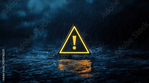 Severe weather alert concept: A glowing yellow triangle with an exclamation mark, warning of an approaching thunderstorm.