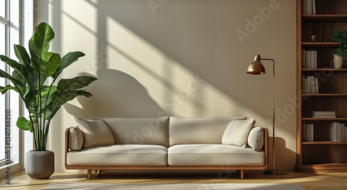 Modern Living Room With a Cozy Sofa and Indoor Plant in Soft Natural Light