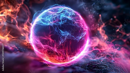 Abstract Glowing Sphere with Particle Effects and Swirling Energy in a Dark Background