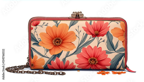 Portmanteau with floral print - illustration of a woman's purse with bright floral pattern, classic shape, with compartments for bills, coins and cards.