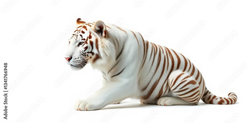 Fototapeta premium Majestic white tiger isolated on pure white background, sitting, stripes