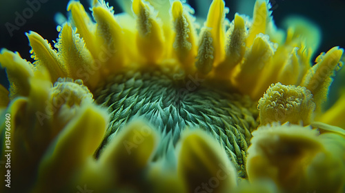 A macro close-up of a sunflower’s textured center with its vibrant yellow petals curving outward.
