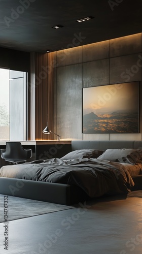 Modern Bedroom Interior With City View During Sunset in a High-Rise Apartment