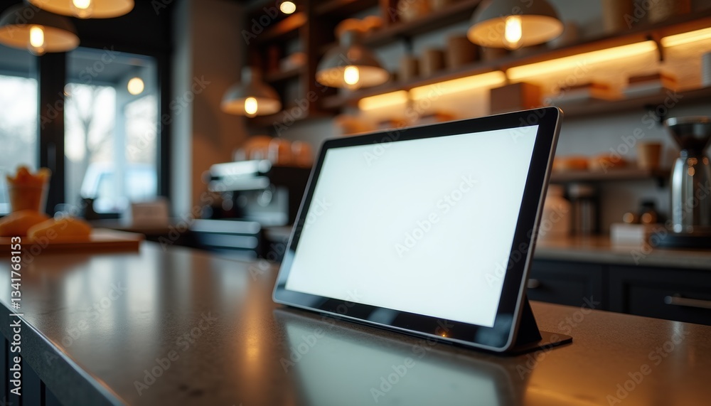 Wide-angle view of restaurant counter with sleek digital menu display and blank glowing screen, coffee machines and fresh pastries in background, professional and trendy interior design with copy spac Wide-angle view of restaurant counter with sleek digital menu display and blank glowing screen, coffee machines and fresh pastries in background, professional and trendy interior design with copy spac