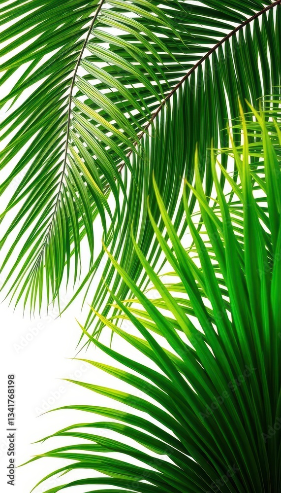 Fototapeta premium Crisp, vibrant green palm leaves isolated on pure white background, studio shot, botany, illustration