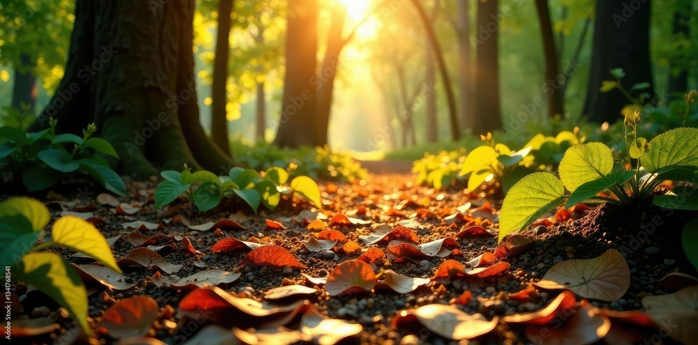Sunlit forest floor covered in a mosaic of leaves and twigs, leaves,, earthy tones Sunlit forest floor covered in a mosaic of leaves and twigs, leaves,, earthy tones