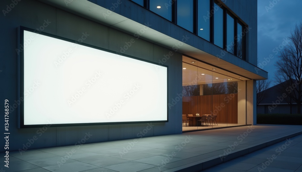 Blank lightbox on building facade with night reflections and lights Blank lightbox on building facade with night reflections and lights