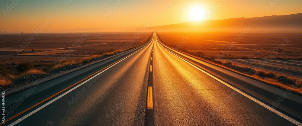 Obraz premium Endless asphalt ribbon vanishing into hazy distance, sun-drenched landscape, solitude, blue