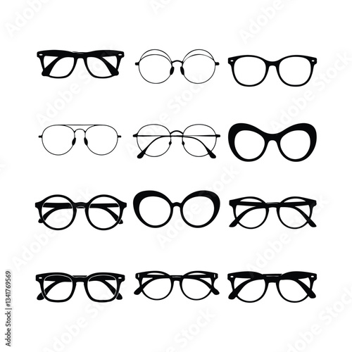 Sunglass silhouette icon set vector on white background set of black sunglasses and glasses silhouettes A set of glasses isolated. Vector glasses model icons. Sunglasses, glasses, isolated on white si