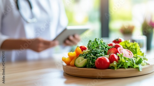 Personalized Nutrition Consultation - Nutritionist Advising Client with Healthy Meal Plan and Balanced Diet Chart on Tablet