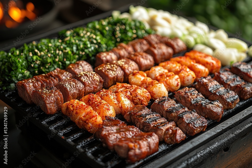 Enjoying Korean Barbecue With Marinated Meats and Fresh Vegetables Grilled to Perfection at a Cozy Restaurant During Dinner Time Enjoying Korean Barbecue With Marinated Meats and Fresh Vegetables Grilled to Perfection at a Cozy Restaurant During Dinner Time