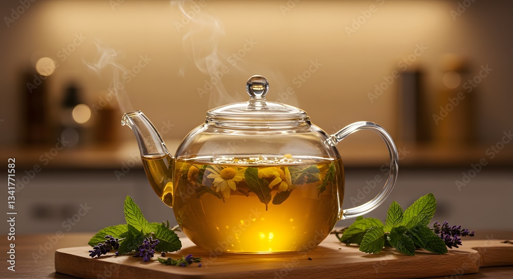 Glass Teapot Brewing Herbal Tea with Fresh Herbs on Wooden Board Glass Teapot Brewing Herbal Tea with Fresh Herbs on Wooden Board
