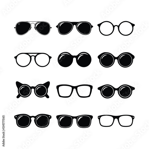 Sunglass silhouette icon set vector on white background set of black sunglasses and glasses silhouettes A set of glasses isolated. Vector glasses model icons. Sunglasses, glasses, isolated on white si