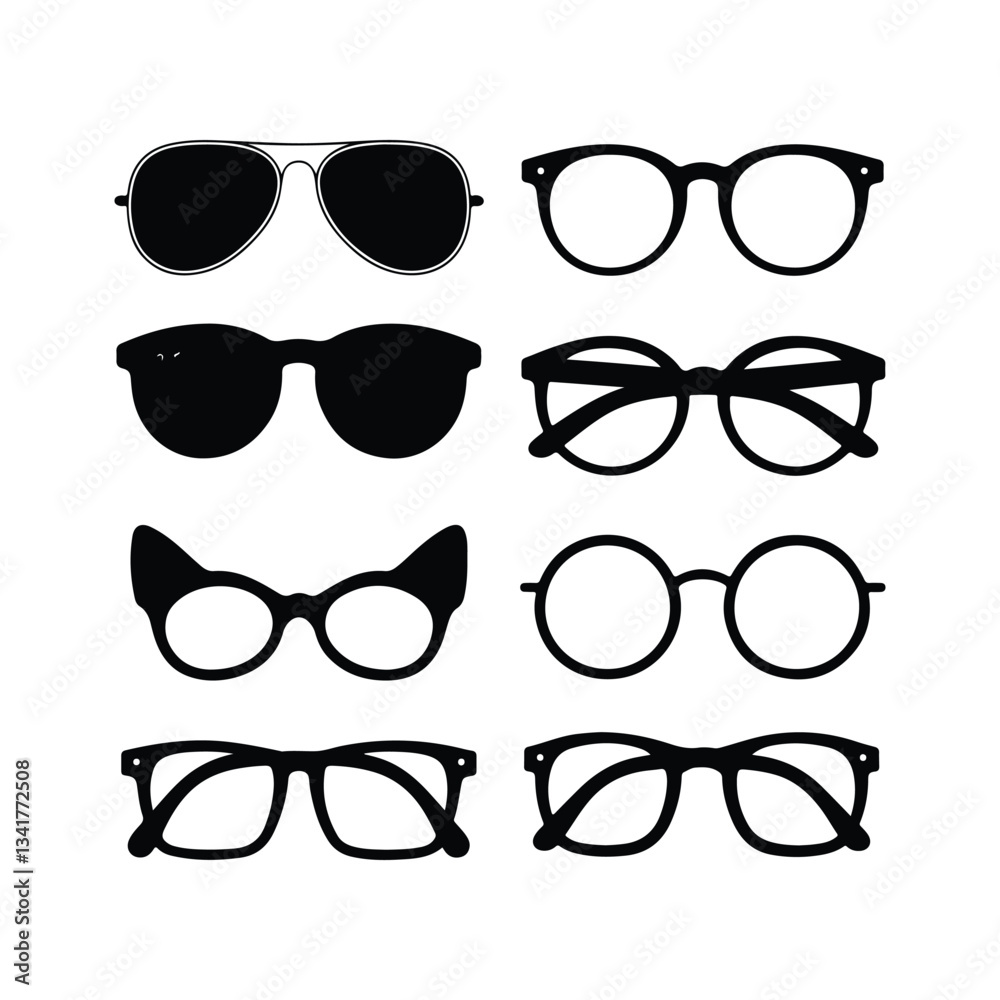 Sunglass silhouette icon set vector on white background set of black sunglasses and glasses silhouettes A set of glasses isolated. Vector glasses model icons. Sunglasses, glasses, isolated on white si Sunglass silhouette icon set vector on white background set of black sunglasses and glasses silhouettes A set of glasses isolated. Vector glasses model icons. Sunglasses, glasses, isolated on white si