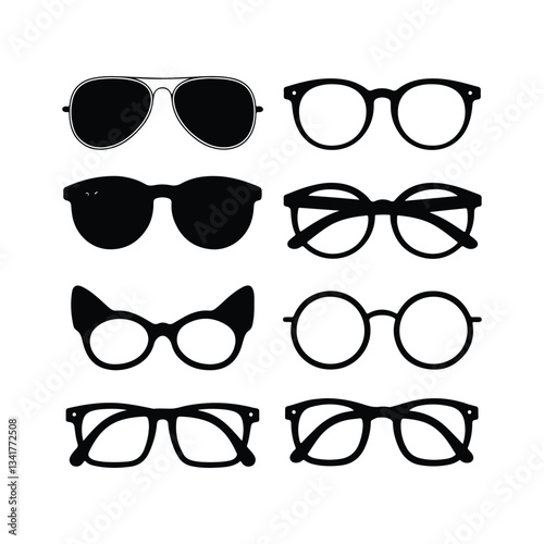 Sunglass silhouette icon set vector on white background set of black sunglasses and glasses silhouettes A set of glasses isolated. Vector glasses model icons. Sunglasses, glasses, isolated on white si