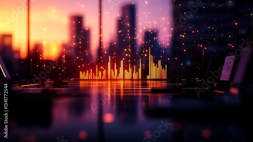 A vibrant city scene featuring a laptop on a table surrounded by urban life and architecture