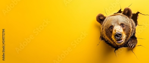 Colourful poster, banner with Brown bear animal ,peeking out of hole with space for text, long background, texture.