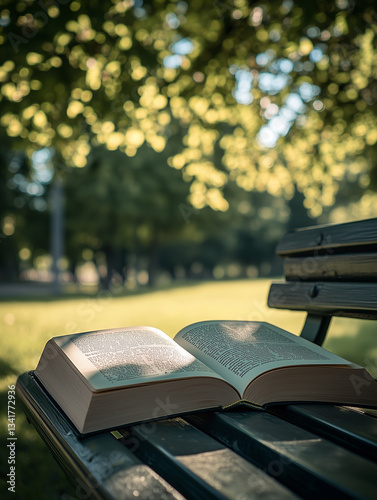 Open book resting on park bench inviting readers to enjoy the tranquility of nature