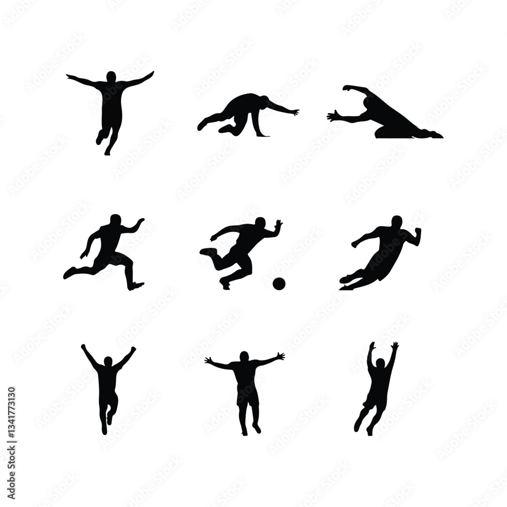 Fototapeta premium Football players Soccer players Set of female football or soccer player silhouettes, athletic women in action silhouette icon in football