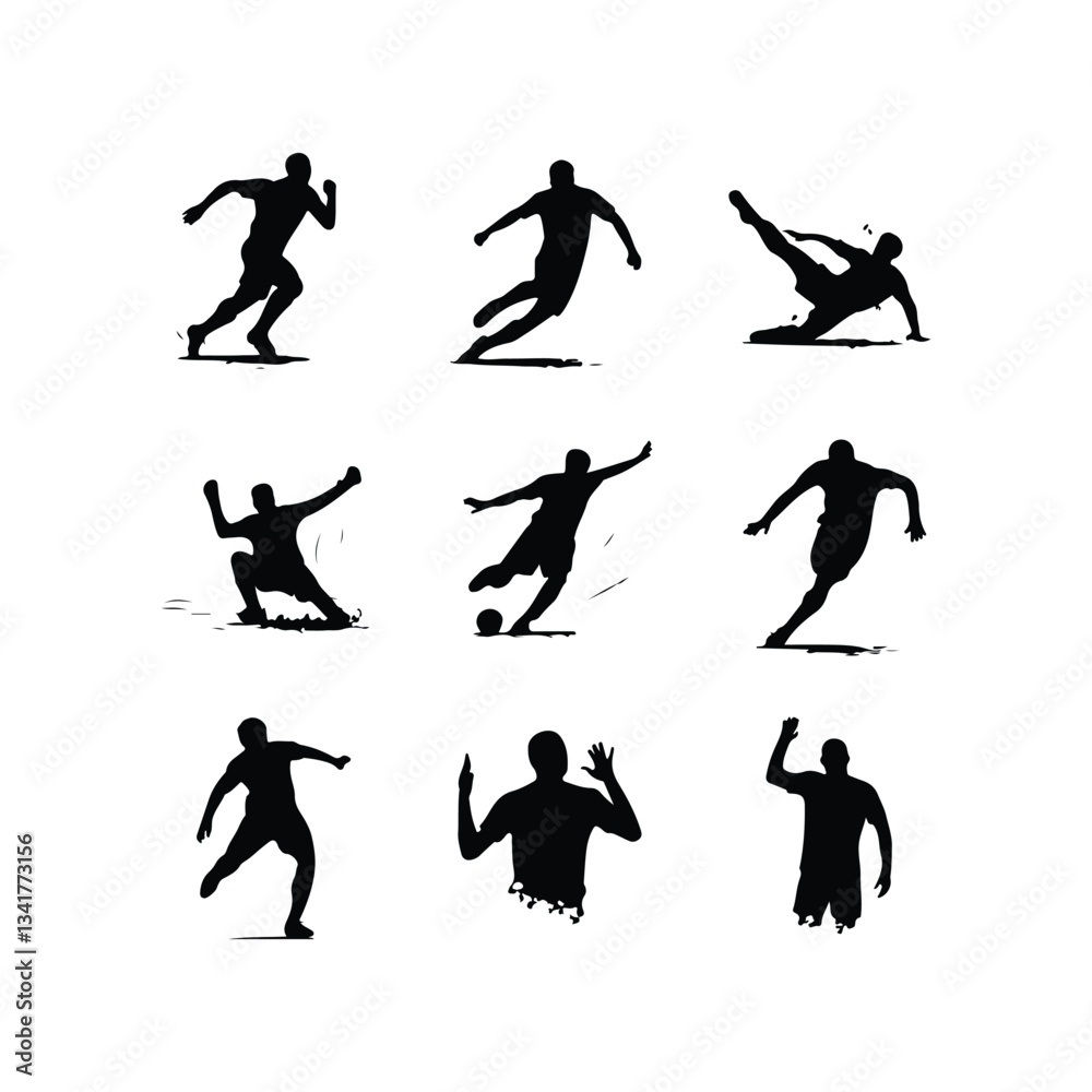 Obraz premium Football players Soccer players Set of female football or soccer player silhouettes, athletic women in action silhouette icon in football
