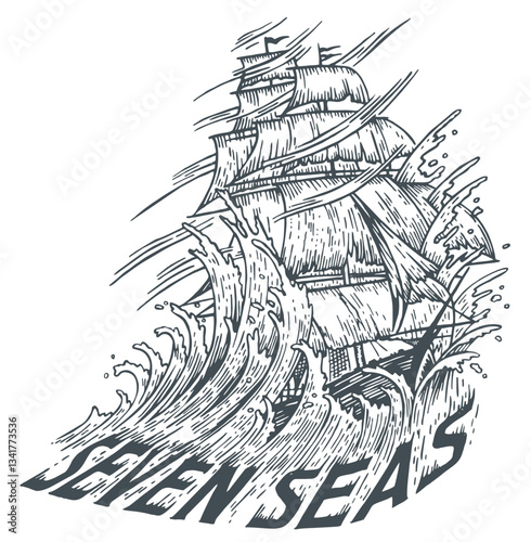 Vector illustration, handmade, old, stylized sailing ship, facing waves.