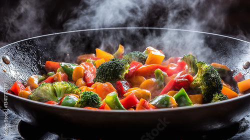 Colorful vegetables, including broccoli, carrots, and peppers, tossed in a wok with steam rising, creating a dynamic and vibrant stir-fry cooking scene