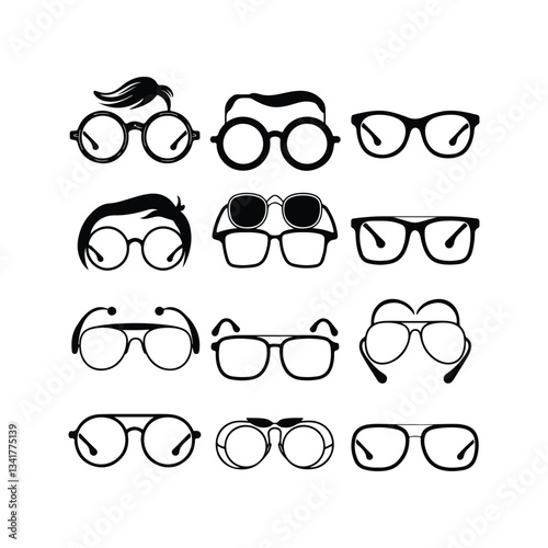 Sunglass silhouette icon set vector on white background set of black sunglasses and glasses silhouettes A set of glasses isolated. Vector glasses model icons. Sunglasses, glasses, isolated on white si