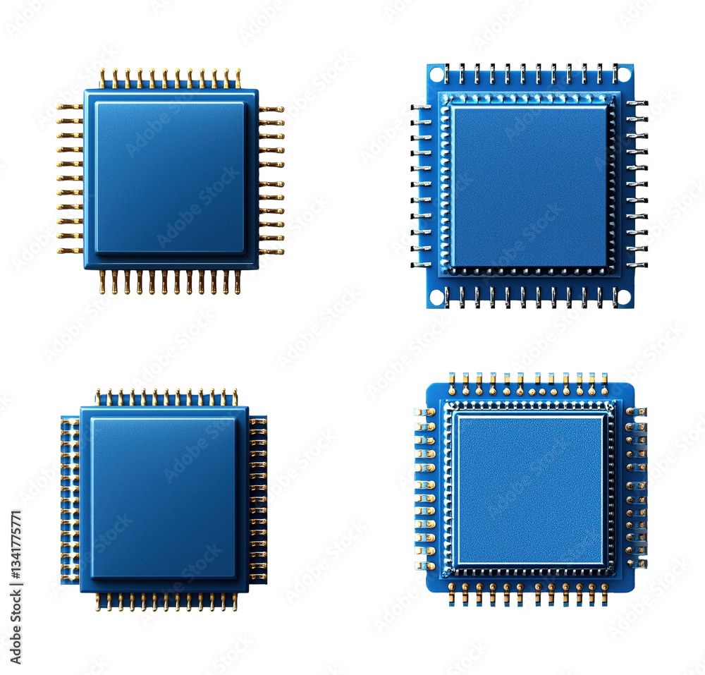 Four microchips with connectors image set isolated transparent. Advanced semiconductor technology cut outs photo png collection. Electronics and computing cutouts elements objects