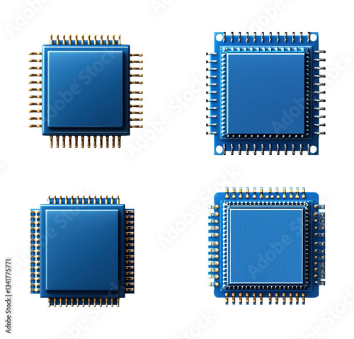 Obraz na płótnie Four microchips with connectors image set isolated transparent. Advanced semiconductor technology cut outs photo png collection. Electronics and computing cutouts elements objects w salonie