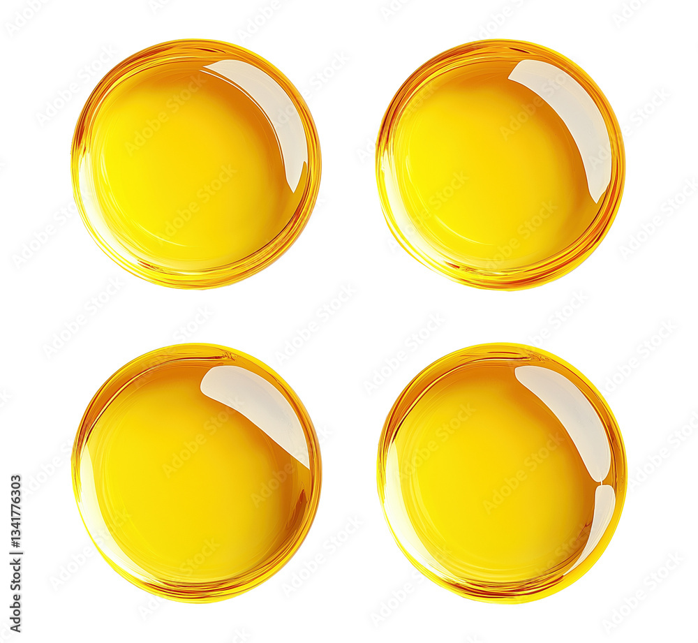 Bright yellow soft gel capsules with glossy texture transparent image set. Round pills isolated cutouts 3d render. Medical product cut outs cliparts design elements png collection