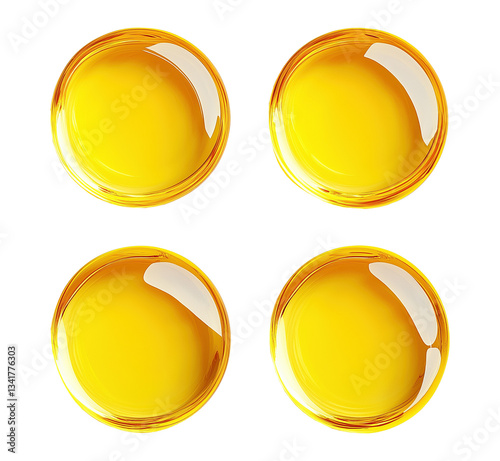 Obraz na płótnie Bright yellow soft gel capsules with glossy texture transparent image set. Round pills isolated cutouts 3d render. Medical product cut outs cliparts design elements png collection w salonie