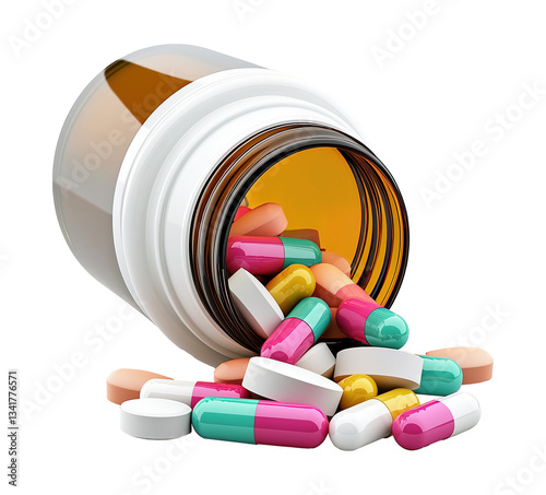 Open brown prescription bottle with colorful capsules transparent image. Pharmaceuticals isolated cutout 3d render. Medical treatment container cut out clipart design element png