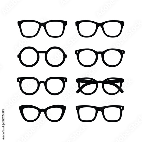 Sunglass silhouette icon set vector on white background set of black sunglasses and glasses silhouettes A set of glasses isolated. Vector glasses model icons. Sunglasses, glasses, isolated on white si