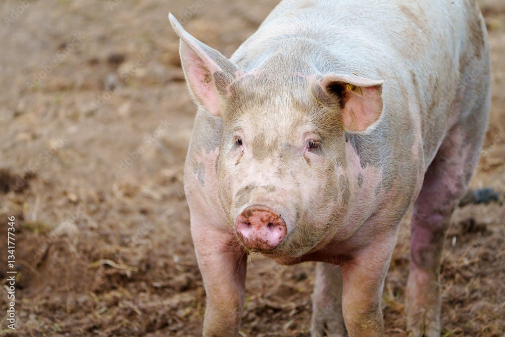 A large white pig with pink skin and a curious expression stands in a muddy pen on a farm. Surrounded by straw and other farm animals, it embodies the essence of rural life and farming culture. A large white pig with pink skin and a curious expression stands in a muddy pen on a farm. Surrounded by straw and other farm animals, it embodies the essence of rural life and farming culture.