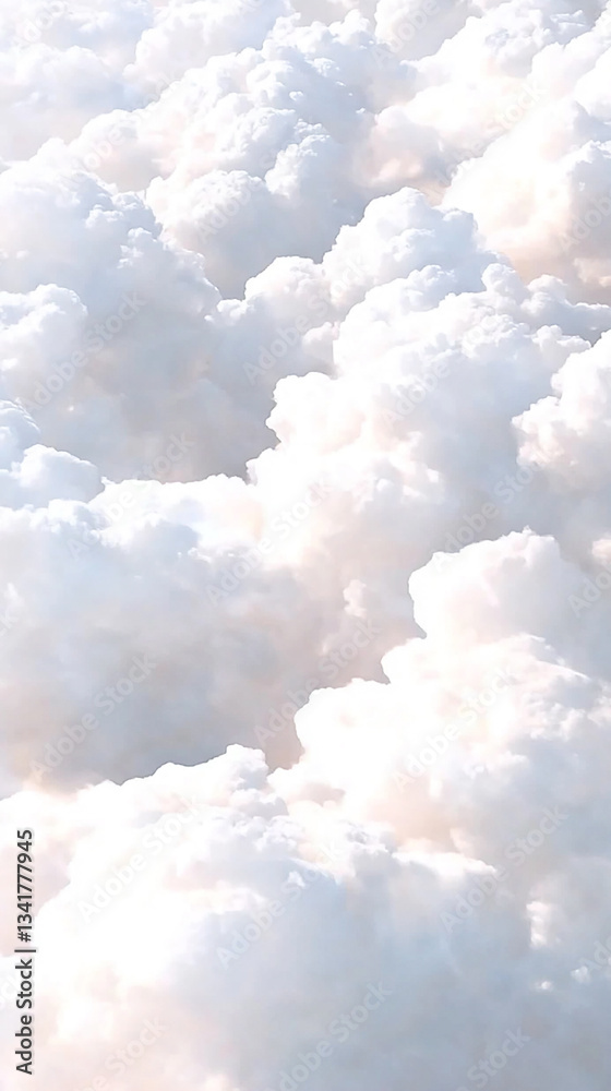 Fototapeta premium Aerial view of fluffy white clouds illuminated by sunlight, creating a serene atmosphere