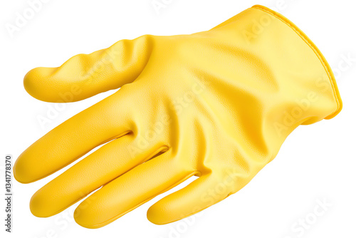 Yellow rubber glove on a white isolated background, ideal for cleaning or household tasks.