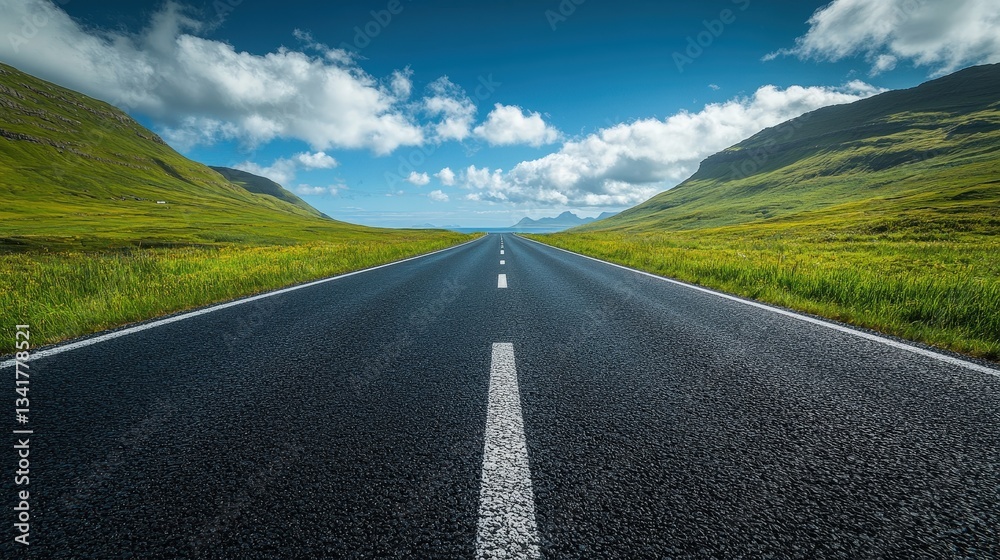 Naklejka premium A vast, open road stretches through lush green hills under a bright blue sky, inviting exploration and adventure.