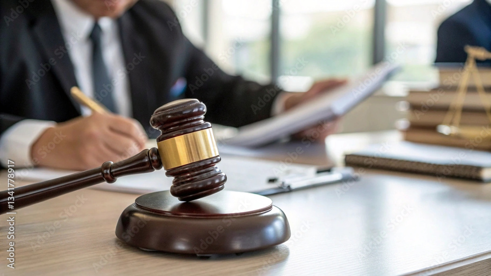 Legal setting, judge's gavel, wooden desk, paperwork, courthouse, legal documents, business attire, professional environment, justice system, law books, decision making Legal setting, judge's gavel, wooden desk, paperwork, courthouse, legal documents, business attire, professional environment, justice system, law books, decision making